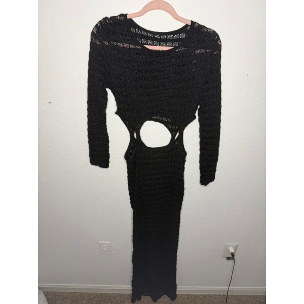 Black Crochet Knit Cutout Maxi Dress Long Sleeve Open Weave Beach Cover Up